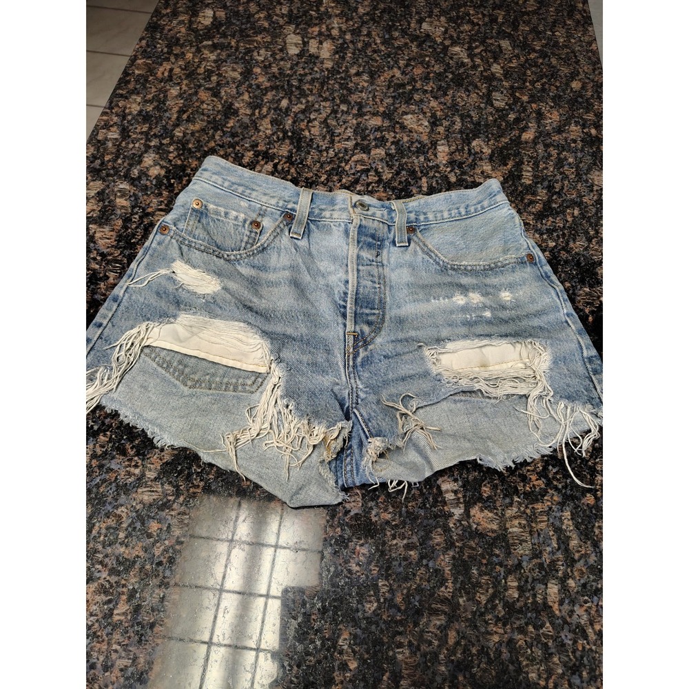 Levis 501 Original Distressed Denim Shorts Light Wash High Rise Frayed Hem